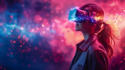 Enthralling Cosmic Encounter: Young Woman Experiencing a Stellar Virtual Reality Universe