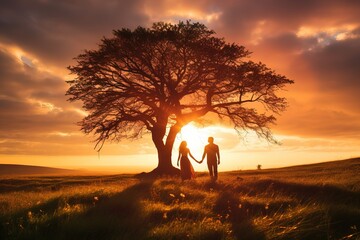 Silhouette of a loving couple under the tree durin sunset.