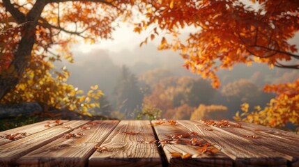 Naklejka na ściany i meble Set in an autumn color landscape, the wooden table harmonizes with the unfocused autumn morning behind, creating a picturesque setting, Sharpen 3d rendering background