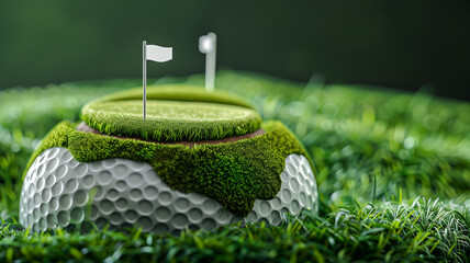  close-up 3D view of a golf ball cross-section with a tiny golf course inside, detailed turf and flags, isolated