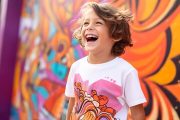 Wide photo of a joyful young boy laughing in front of a colorful graffiti wall, representing...