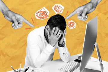 Photo collage artwork image of young tired office manager work laptop tired hold hand on face...