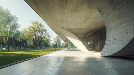 The 3D architecture of a modern concrete building utilizes curved walls to foster a sense of natural flow in urban spaces, Interior 3d render Sharpen highdetail realistic concept