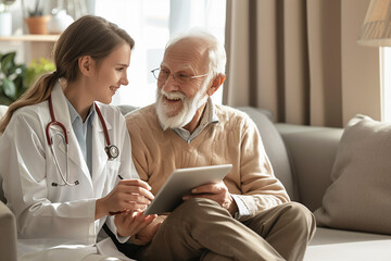 Obraz premium Smiling geriatric young doctor and senior caucasian patient man discussing modern technology, healthcare, using digital tablet together, looking at display