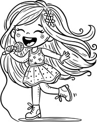 Cute cartoon little girl with long flowing hair sings song with microphone in her hands. Isolated outline illustration