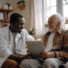 Obraz premium Happy geriatric young doctor and senior caucasian patient man discussing modern technology, healthcare, using digital tablet together, looking at display
