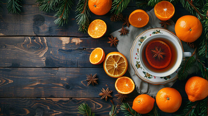 Christmas composition with hot tea and oranges on wood