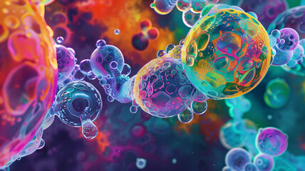 A colorful digital painting of cells dividing and multiplying, showcasing the beauty of cellular processes
