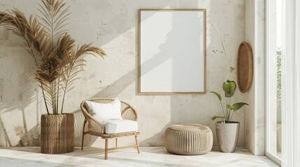 The Modern ScandiBoho space is given a unique touch with a frame mockup that complements its airy and simplistic style, 3D render sharpen