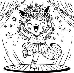 Cartoon little kid girl actor in a fox costume acting at the stage in a theater studio. Children creative activities outline illustration