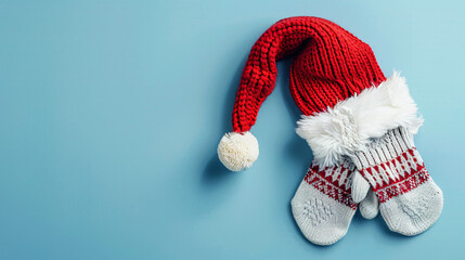 Christmas gift warm gloves and Santa hat on blue background