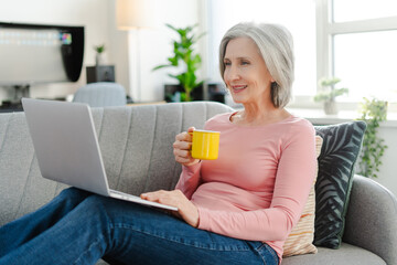 Smiling senior woman using laptop computer, holding coffee cup, sitting on comfortable sofa