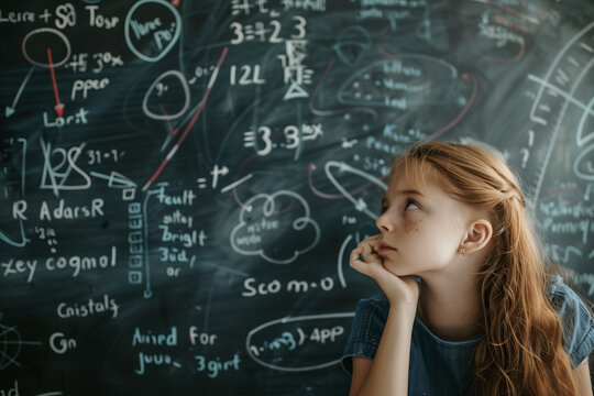 Student girl working through a math problem at the board