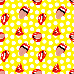 Sexy female pink lips on a spotted yellow background. Seamless pattern, print, vector illustration
