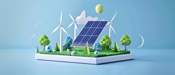 The stage podium of renewable energy projects at the science fair displays innovative solar and wind power models on clean display podiums