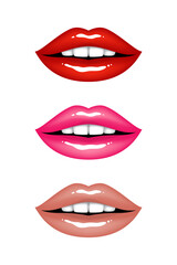 Beautiful bright sexy glossy female lips, smile in red, pink and beige nude colors. Set of isolated vector illustrations on white background