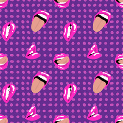 Sexy female pink lips on a spotted lilac background. Seamless pattern, print, vector illustration