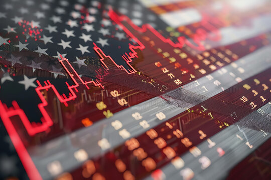Abstract representation of data overlaying the American flag in a digital art style