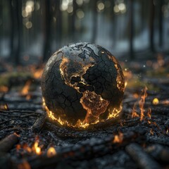 An eerie depiction of a burnt Earth within a desolate forest, highlighting the immense global consequences of forest fires on climate change.