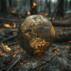 A scorched globe amidst a charred forest vividly depicts the profound global repercussions of forest fires on climate change.