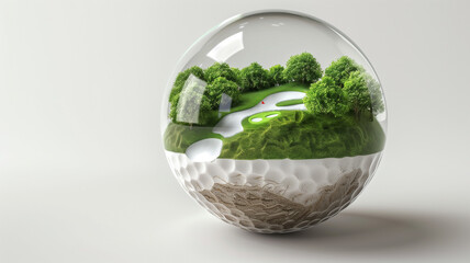 Stunning 3D render of a golf ball sectioned to display a mini golf course within, on a seamless white background