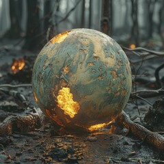 A visual representation depicting the profound global consequences of forest fires on climate change through a scorched globe amidst a charred forest.