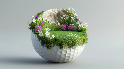 surreal 3D cross-section of a golf ball, internal mini golf course with flowering plants, isolated