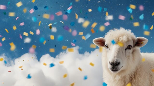 celebration background features a white sheep, colorful falling confetti, festive atmosphere