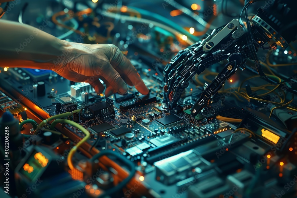 Poster this close up cyber concept showcases an engineer using a robotic arm to assemble intricate electron