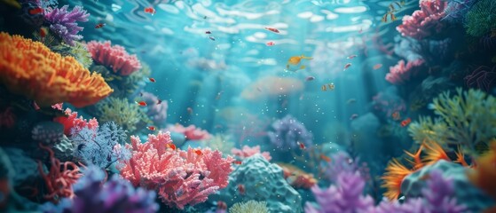 Fototapeta na wymiar This banner background for an underwater photography exhibition highlights exotic marine life and coral reefs