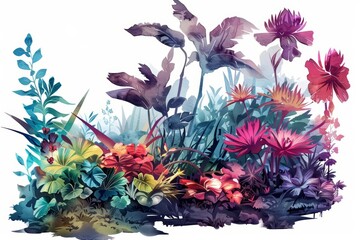 This cyber watercolor painting illustrates a digital garden where plants behave unconventionally and bloom ultramodern flowers