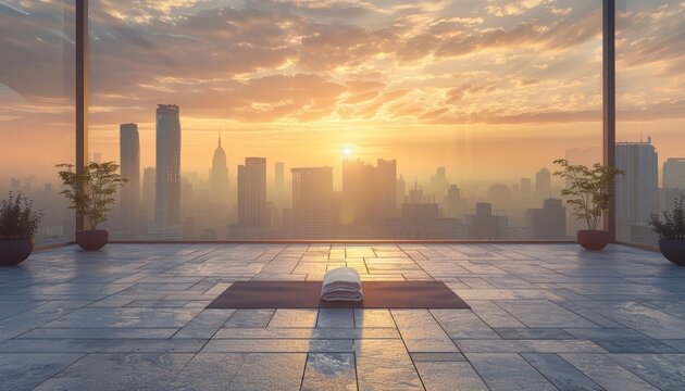 This banner background for a rooftop yoga class showcases a serene urban setting at sunrise