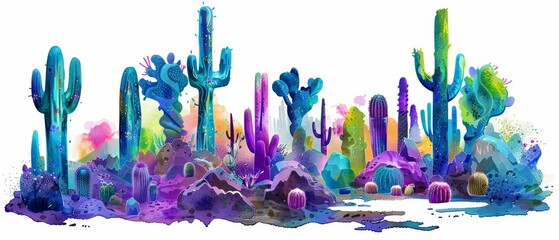This cyber watercolor painting visualizes a desert with strange, glowing cacti and bioluminescent sand, Clipart isolated on white background strange style hitech ultrafashionable