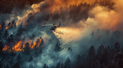 Witness the intense spectacle of a helicopter dousing flames in a forest, showcasing the swift and vital nature of firefighting operations.