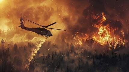 A helicopter swoops low, dousing flames with water, showcasing the intense battle against the raging forest fire.