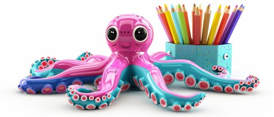 This design features a kawaii pencil holder, shaped like a small, cheerful octopus with vibrant colors, keeping your desk organized, Sharpen isolated on white background