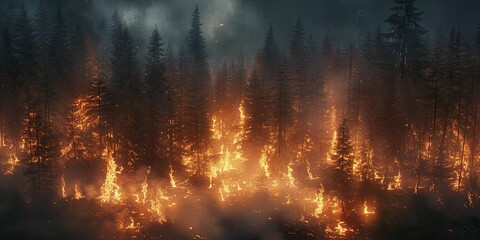A hauntingly beautiful image captures the ominous glow of fires piercing the thick forest haze, shrouded in enigmatic peril.