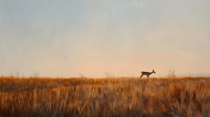 Solitary Deer Grazing in Autumnal Meadow at Twilight - obrazy, fototapety, plakaty