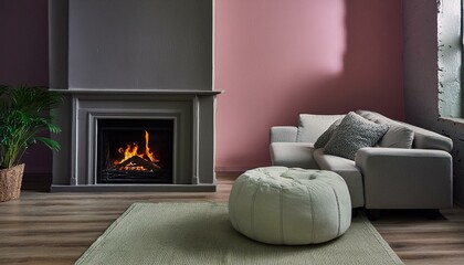 Sofa and pouf against pink wall with fireplace. Minimalist interior design of modern living room, home.