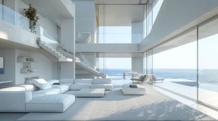 Fototapeta premium White minimalist living rooms are designed with high ceilings and expansive windows, creating a serene atmosphere, Interior 3d render Sharpen highdetail realistic concept