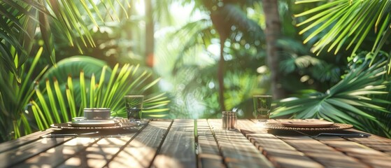 With palm leaves rustling overhead, the wooden table sets a relaxed tone for a summer park gathering, Sharpen 3d rendering background