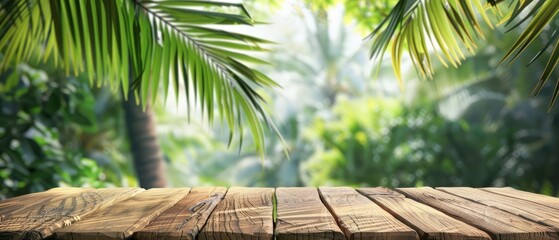 With palm leaves rustling overhead, the wooden table sets a relaxed tone for a summer park gathering, Sharpen 3d rendering background