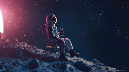 Atmospheric image of an astronaut leisurely sipping wine against a cosmic red nebula, evoking feelings of solitude and contemplation