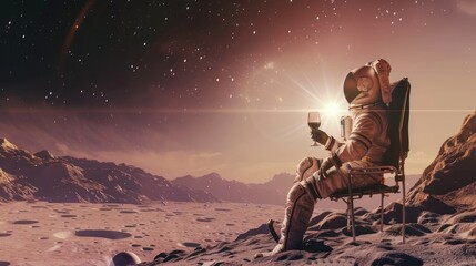 An astronaut in spacesuit sits on a folding chair on the moon, leisurely enjoying a glass of wine with a breathtaking view of space