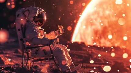 With a fiery cosmic event as the backdrop, an astronaut casually eats, depicting serenity amid chaos