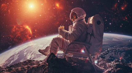 An astronaut enjoys his popcorn while sitting on a moon rock, overlooking the Earth in a surreal space scene