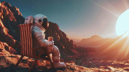 This image captures an astronaut in a casual moment, sitting back and enjoying popcorn as a spectacular space sunset unfolds