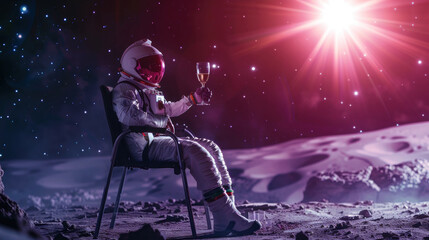 An astronaut in full gear toasts with a wine glass on the moon, with the sunburst and purple hues of space surrounding him Represents achievement and celebration