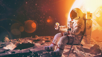 A relaxed astronaut sits on the moon's surface, enjoying popcorn as Earth and stars gleam in the background Represents cosmic leisure and the surreal
