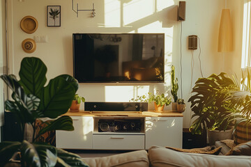 TV displayed on the wall in the living room